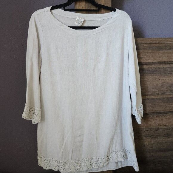 Match Point Top Womens S Linen‎ Tunic  Laggenlook Minimalist Lace Trim Boxy Gray - Picture 1 of 14